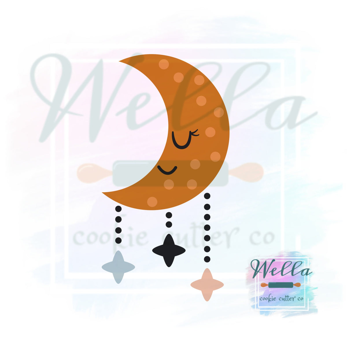 Moon with Hanging Stars Cookie Cutter, BOHO Moon Cutter, Baby Cookie Cutter, Moon Cutter