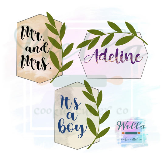 Tall Hexagon with Greenery Cookie Cutter, Tall Hexagon with Greenery, Stretched Hexagon with Greenery, Plaque Cookie Cutter