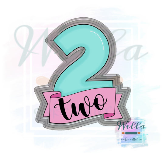 Number Two with Banner Cookie Cutter, Number 2 Banner Cookie Cutter, 2 Cutter with Banner