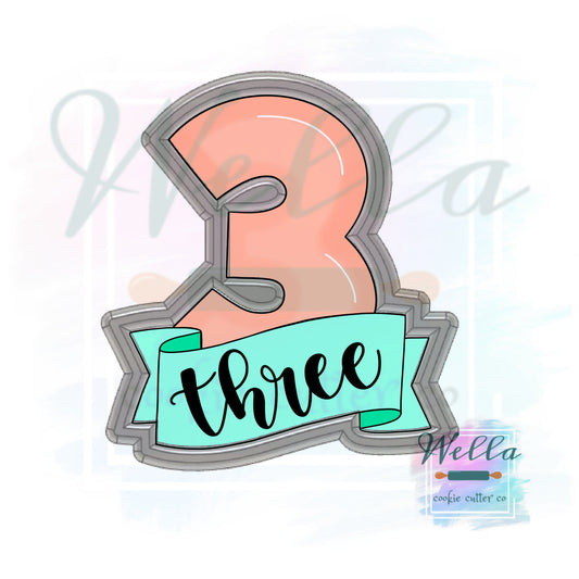 Number Three with Banner Cookie Cutter, Number 3 Cookie Cutter, Number 3 with Banner Cookie Cutter, #3 Cookie Cutter