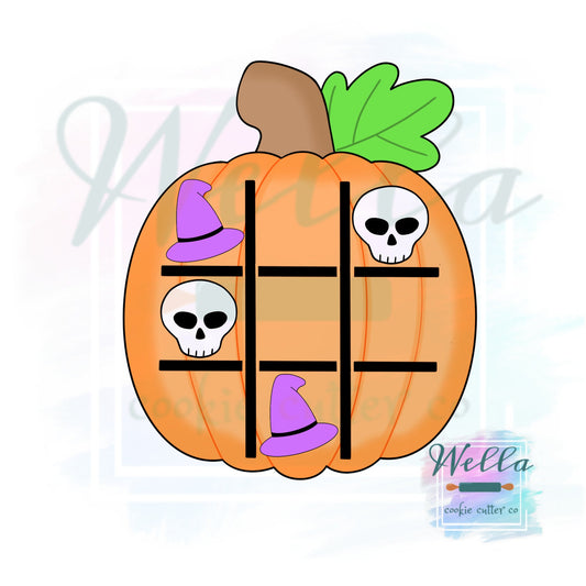 Pumpkin Tic Tac Toe Board Cookie Cutter with Optional Stencil, Pumpkin Tic Tac Toe Board with Ghost, Witch Hat and Skull Pieces