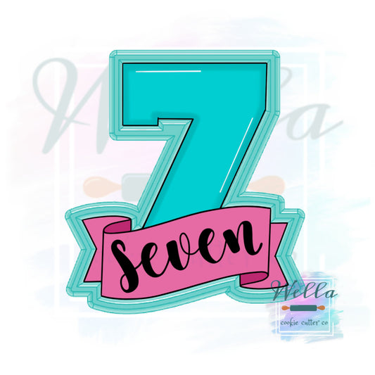 Number Seven with Banner Cookie Cutter, Number 7 Cookie Cutter, Number 7 with Banner Cookie Cutter, #7 Cookie Cutter