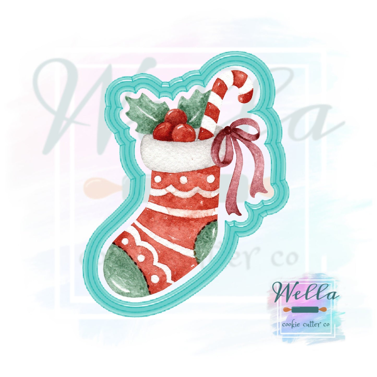 Christmas Stocking Cookie Cutter, Stocking with Holly and Candy Cane Cookie Cutter, Stuffed Stocking Cookie Cutter