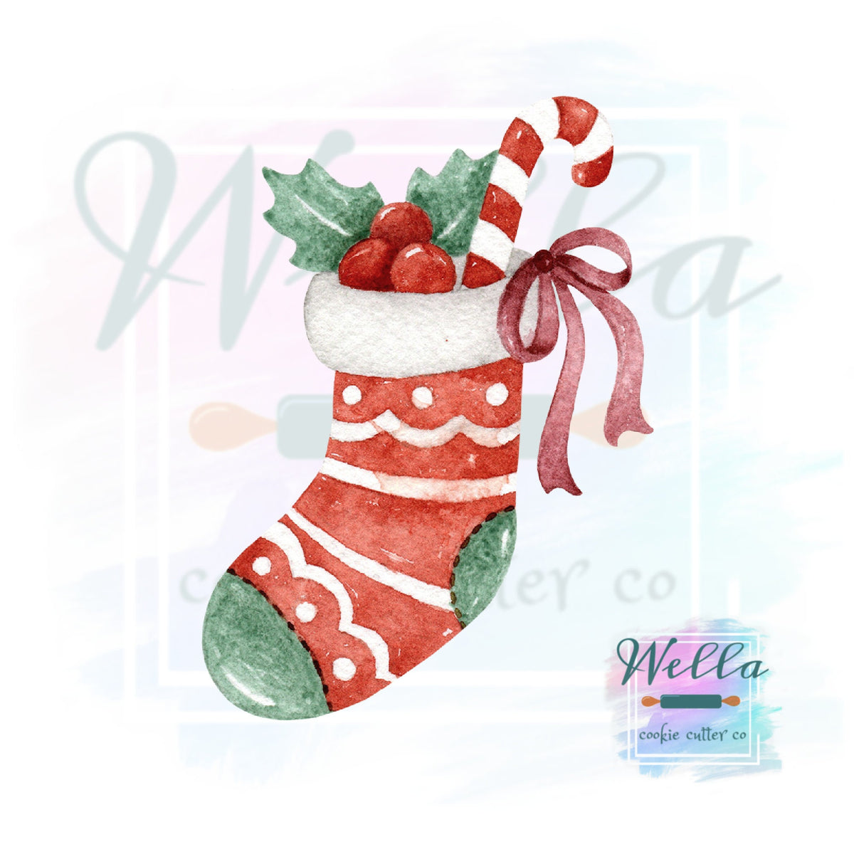 Christmas Stocking Cookie Cutter, Stocking with Holly and Candy Cane Cookie Cutter, Stuffed Stocking Cookie Cutter