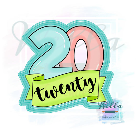 Number 20 with Banner Cookie Cutter, Number Twenty Cookie Cutter, Number 20 with Banner Cookie Cutter, #20 Cookie Cutter