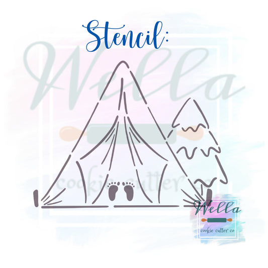 Tent with Tree Cookie Cutter with Optional Stencil, Camping Cookie Cutter