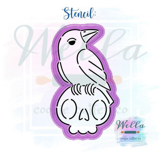 Crow Sitting on Skull Cookie Cutter with Optional Stencil