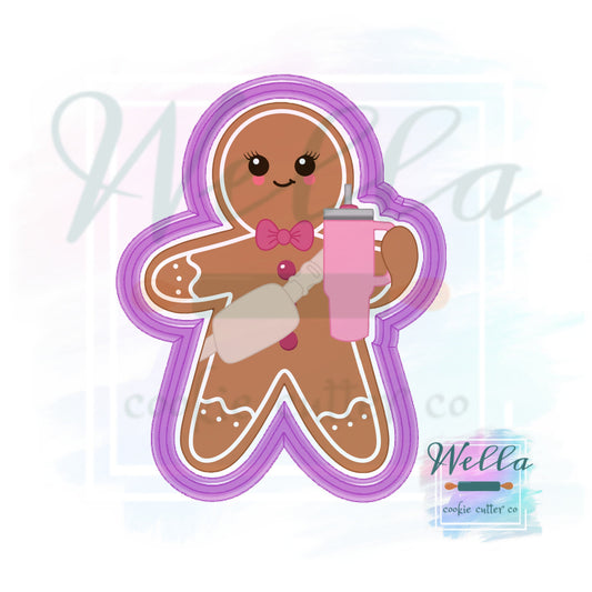 Bougie Gingerbread Man Cookie Cutter with Optional Stencil, Gingerbread Man with Tumbler Cookie Cutter