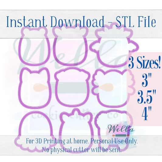 Digital STL File - Set of 9 Animal Pillow Cookie Cutters - 3 Set Size Options: 3" 3.5" & 4"