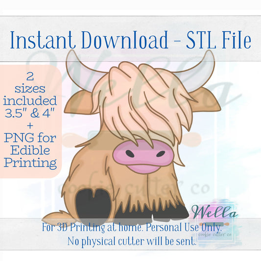 Digital STL File - Highland Cow Sitting Cookie Cutter - 2 Sizes Included 3.5" & 4"