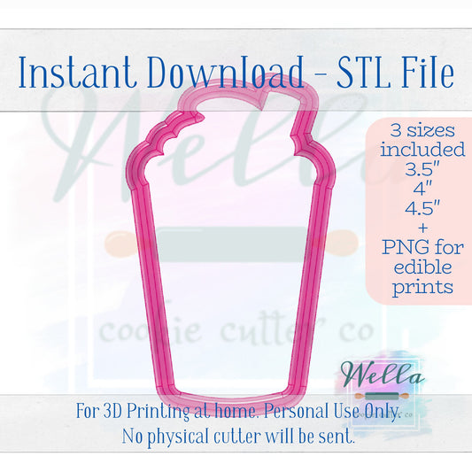 Digital STL File - Iced Drink with Whipped Cream Cookie Cutter - 3 Sizes Included 3.5" 4" and 4.5"-High Resolution File for Edible Printing