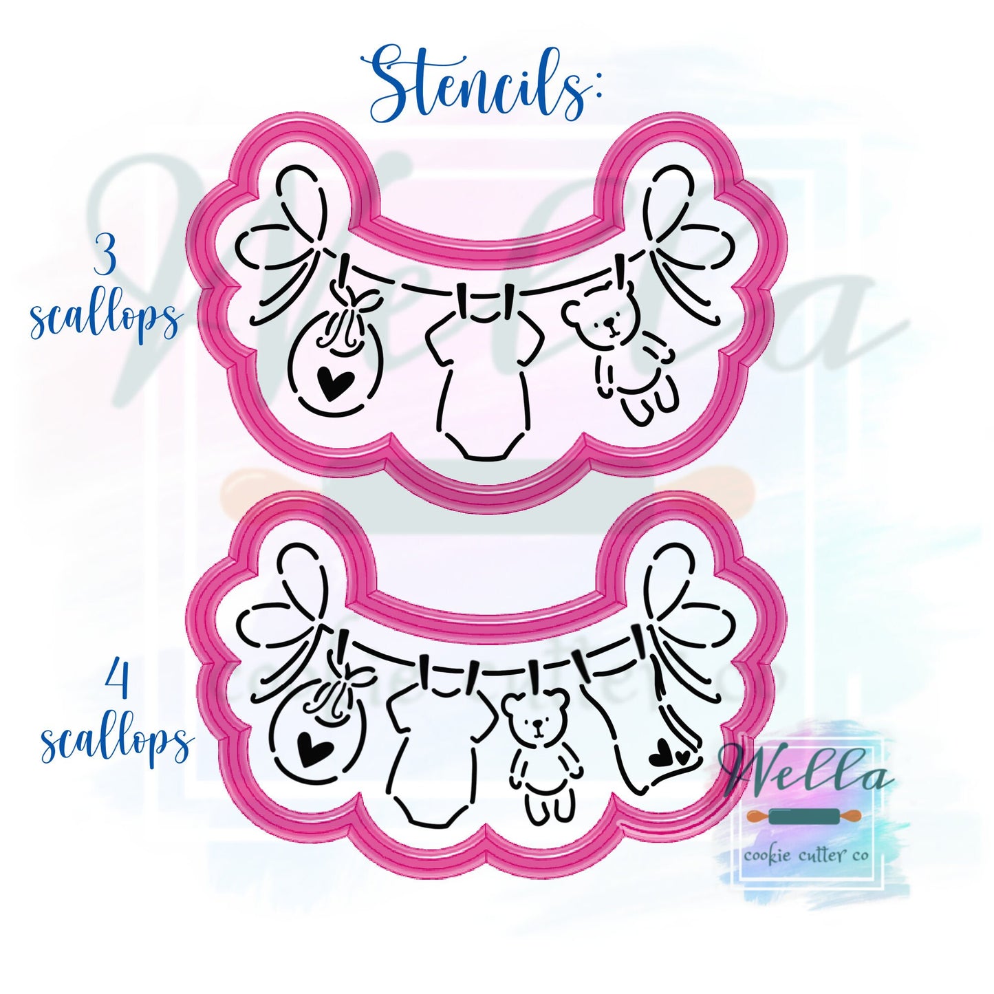 Baby Clothesline Cookie Cutter, 3 or 4 Scalloped Option