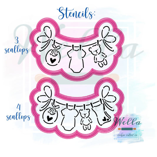 Baby Clothesline Cookie Cutter, 3 or 4 Scalloped Option