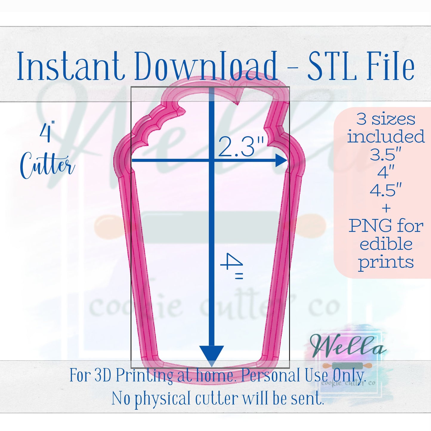 Digital STL File - Iced Drink with Whipped Cream Cookie Cutter - 3 Sizes Included 3.5" 4" and 4.5"-High Resolution File for Edible Printing