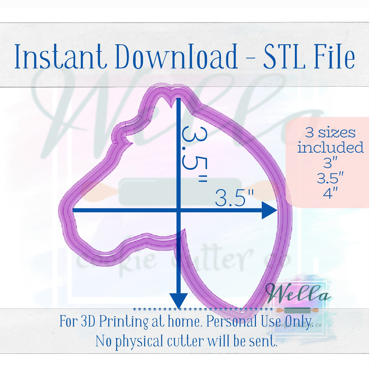 Digital STL File - Horse Head Cookie Cutter - 3 Sizes Included 3", 3.5", and 4"