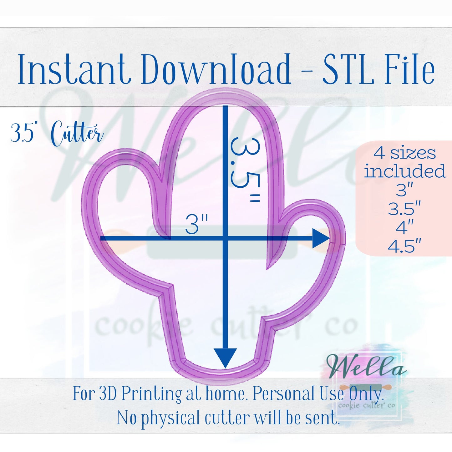 Digital STL File - Cactus #1 Cookie Cutter - 4 Sizes Included 3", 3.5", 4" and 4.5"