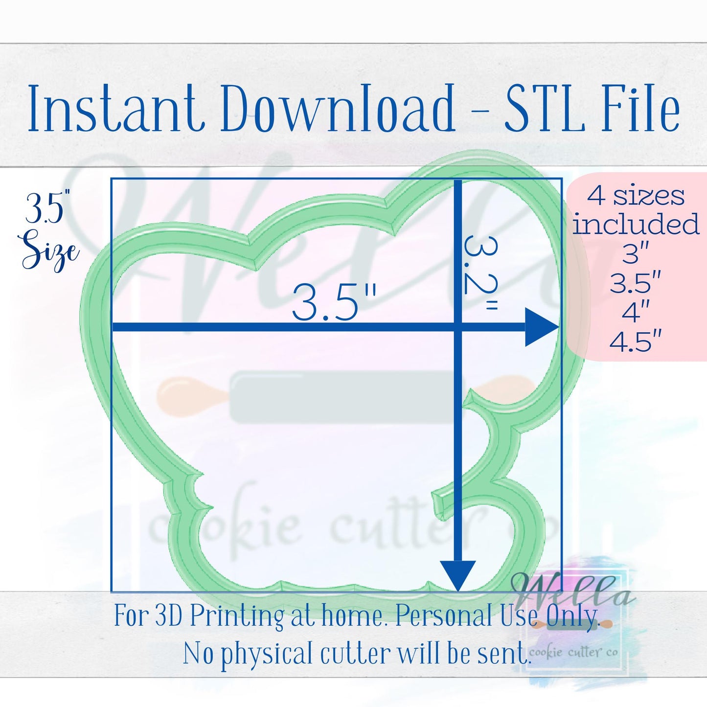 Digital STL File - Elephant Cookie Cutter - 4 Sizes Included 3", 3.5", 4" & 4.5"