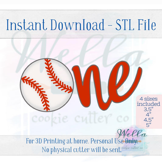Digital STL File - Baseball One Cursive Cookie Cutter - 4 Sizes Included 3.5", 4", 4.5" & 5"