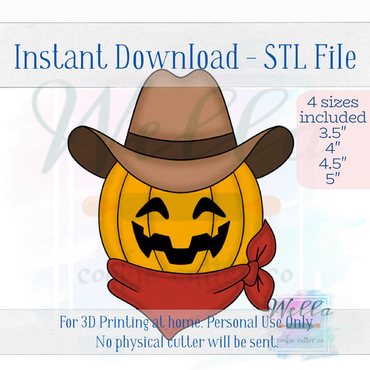 Digital STL File - Cowboy Pumpkin with Bandana Cookie Cutter - 4 Sizes Included 3.5", 4", 4.5" & 5"