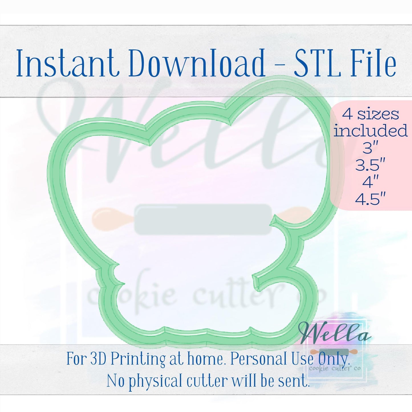 Digital STL File - Elephant Cookie Cutter - 4 Sizes Included 3", 3.5", 4" & 4.5"