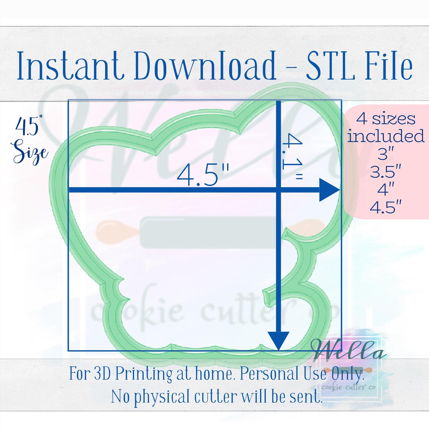 Digital STL File - Elephant Cookie Cutter - 4 Sizes Included 3", 3.5", 4" & 4.5"
