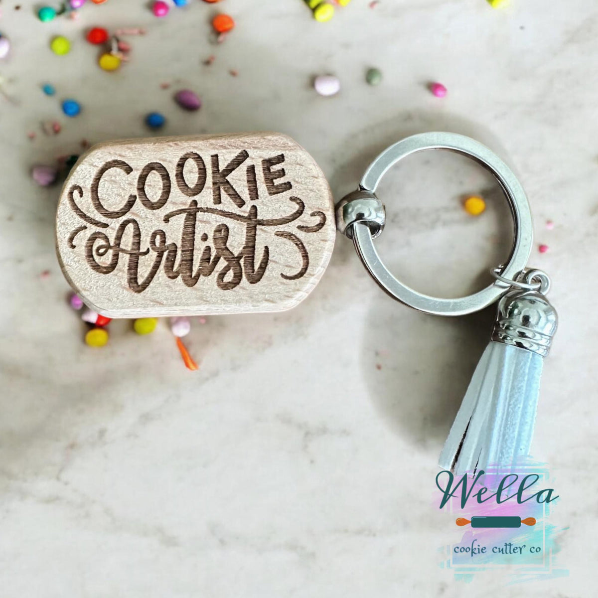 Laser Engraved Wood Cookie Themed Keychain with Tassel, Baking Themed Gift, Cookie Decorating Keychain