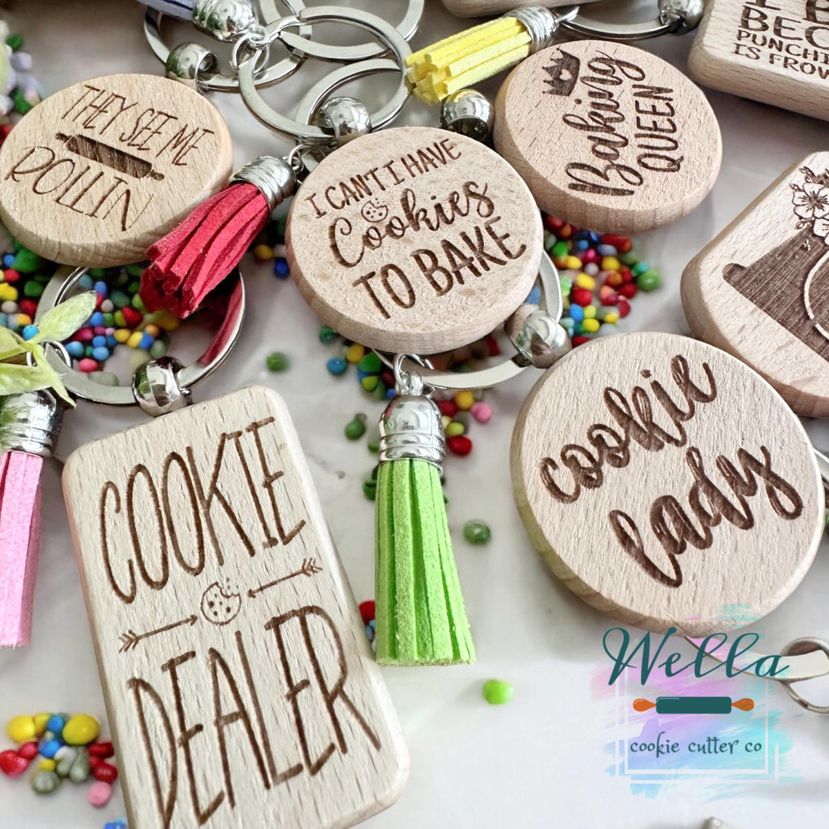 Laser Engraved Wood Cookie Themed Keychain with Tassel, Baking Themed Gift, Cookie Decorating Keychain