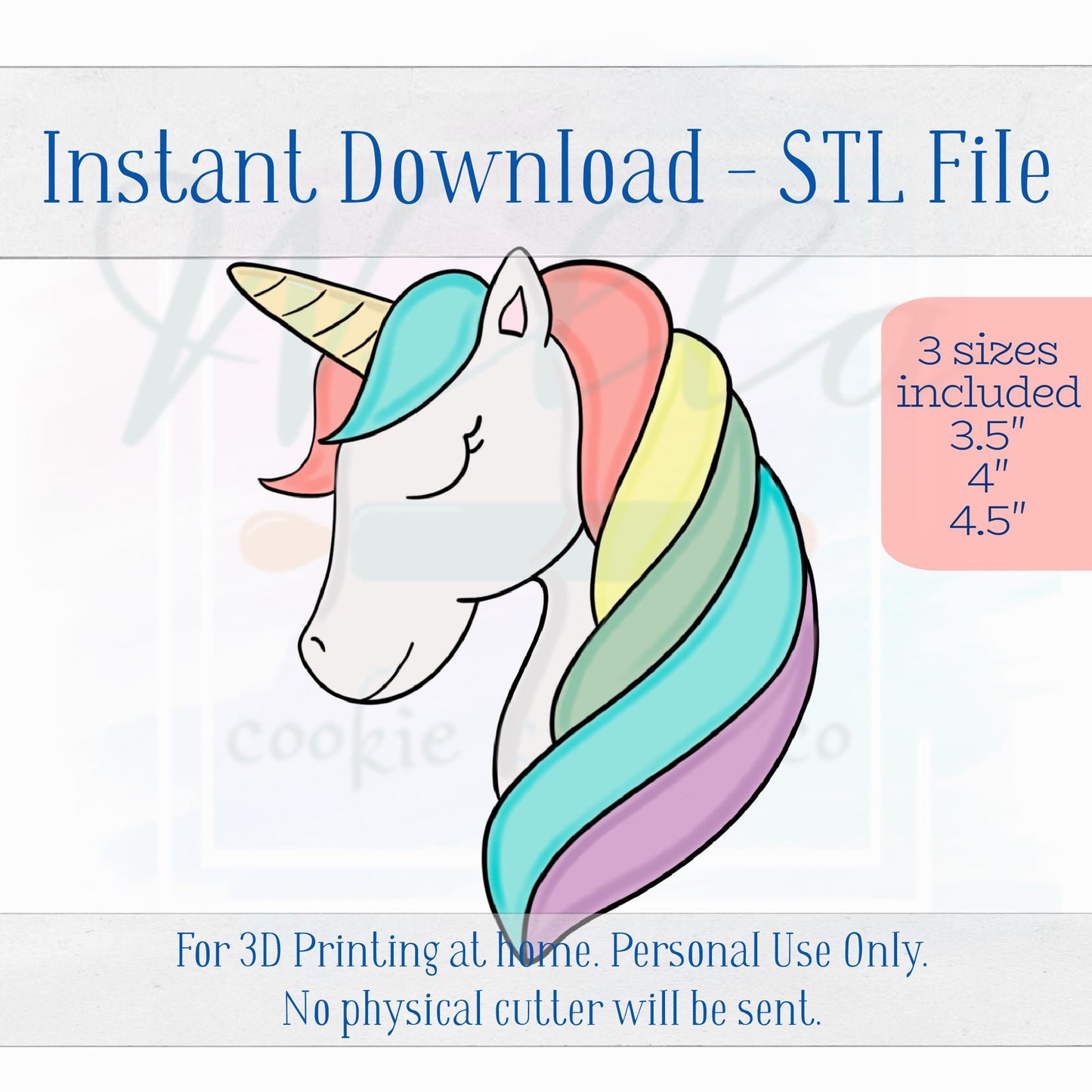 Digital STL File - Unicorn Head Cookie Cutter - 3 Sizes Included 3.5", 4" & 4.5"