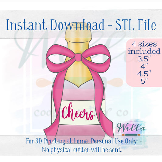 Digital STL File - Champagne Bottle with Long Bow Cookie Cutter - 4 Sizes Included: 3.5", 4", 4.5" & 5"