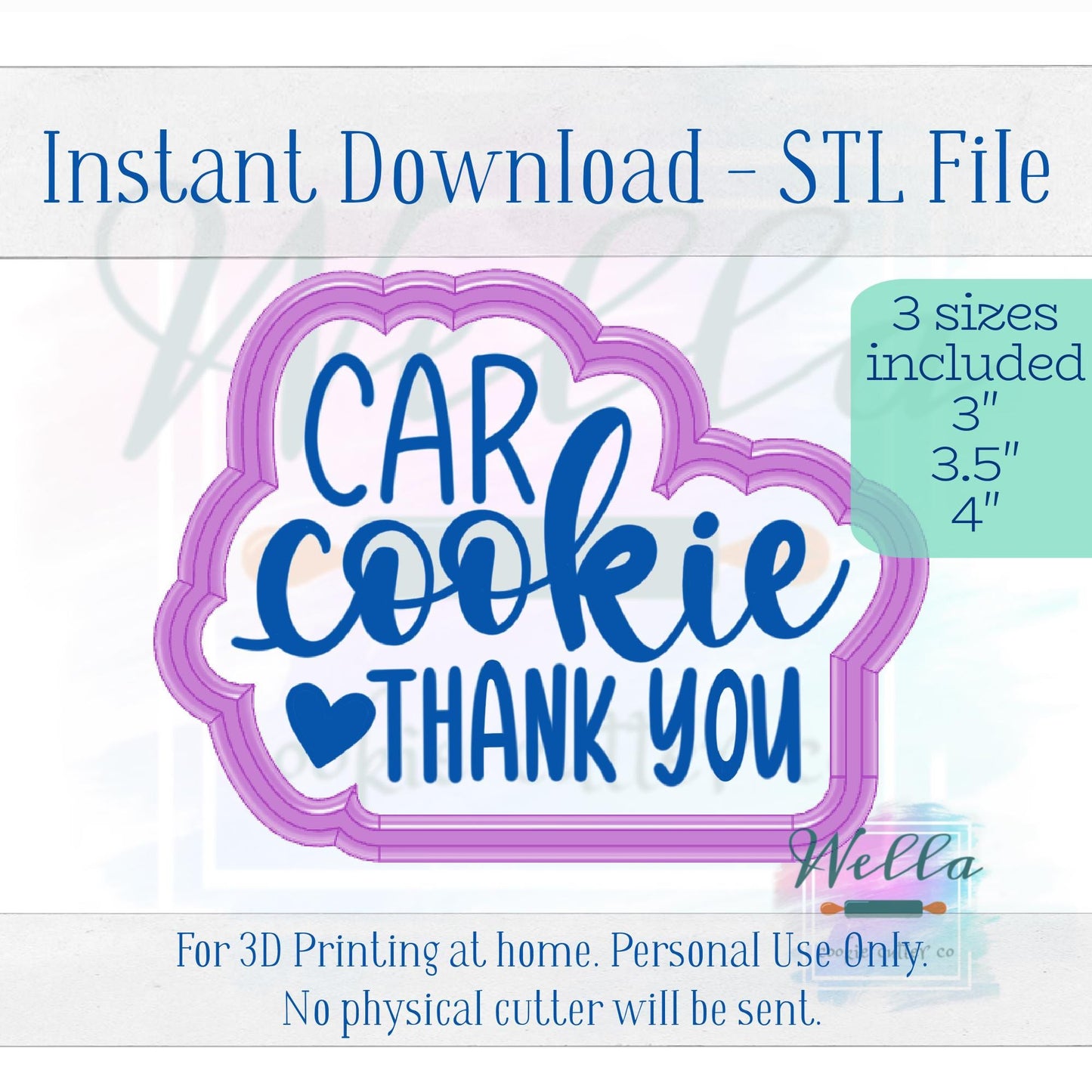 Digital STL File - Car Cookie Text Cookie Cutter - 3 Sizes: 3", 3.5", & 4"