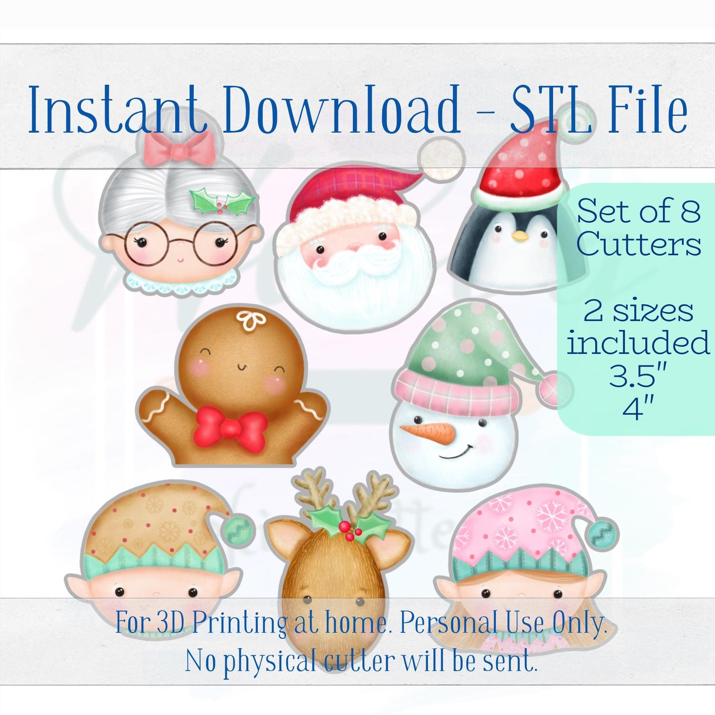 Digital STL File - Christmas and Friends Faces Cookie Cutter Set - Set of 8 Cutter STL files, 3.5" & 4" sizes included