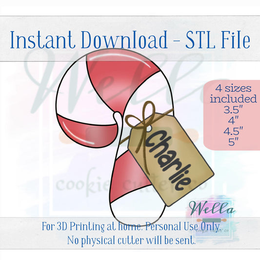 Digital STL Files - Chubby Candy Cane with Tag Cookie Cutter - 4 Sizes Included plus High-Resolution PNG with Blank Name Tag