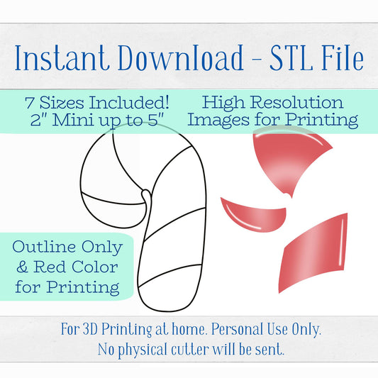 Digital STL Files - Chubby Candy Cane Cookie Cutters - 7 Sizes Included plus High-Resolution PNGs
