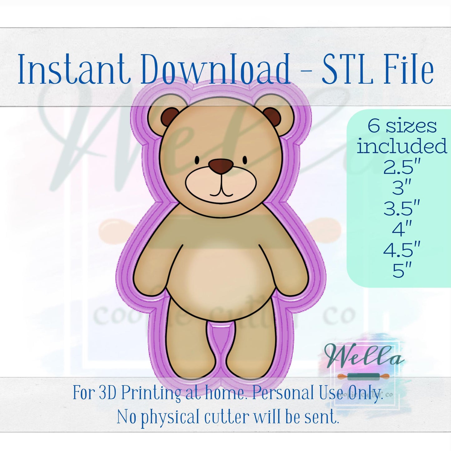 Digital STL File - Stuffed Bear Cookie Cutter - 6 Sizes: 2.5", 3", 3.5" 4", 4.5", 5"