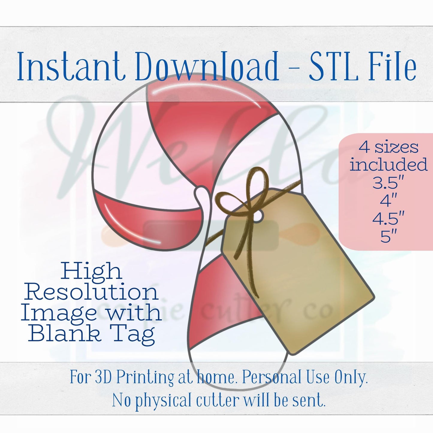 Digital STL Files - Chubby Candy Cane with Tag Cookie Cutter - 4 Sizes Included plus High-Resolution PNG with Blank Name Tag