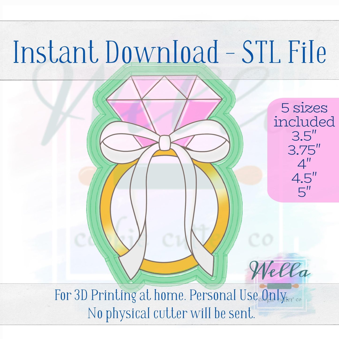 Digital STL File - Ring with Long Bow Cookie Cutter - 5 Sizes: 3.5" 3.75" 4" 4.5" 5"