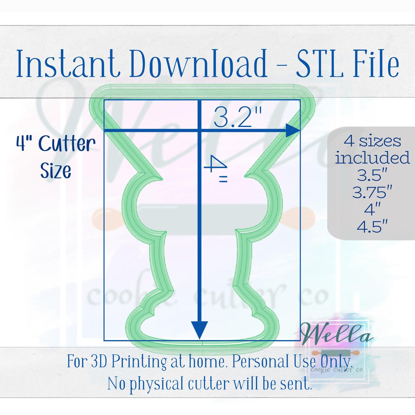 Digital STL File - Expresso Martini with Long Bow Cookie Cutter - 4 Sizes: 3.5" 3.75" 4" 4.5"