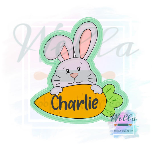 Bunny Holding Carrot Name Plaque Cookie Cutter with Optional Stencil Guide
