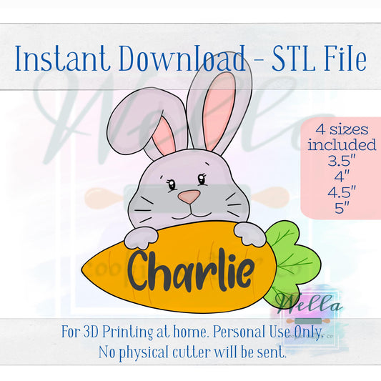 Digital STL File - Bunny Holding Carrot Name Plaque Cookie Cutter - 4 Sizes: 3.5" 4" 4.5" & 5"