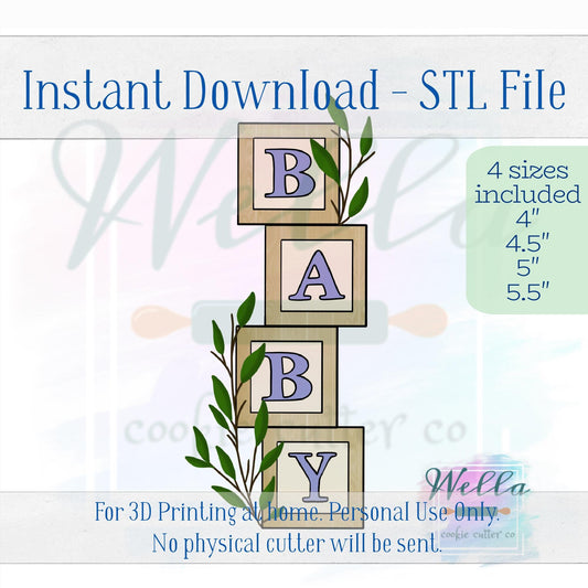 Digital STL File - Baby Blocks with Greenery Cookie Cutter - 4 Sizes: 4" 4.5" 5" & 5.5"