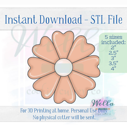 Digital STL File - Daisy with Heart Shaped Petals Cookie Cutter - 5 Sizes: 2" 2.5" 3" 3.5" & 4"