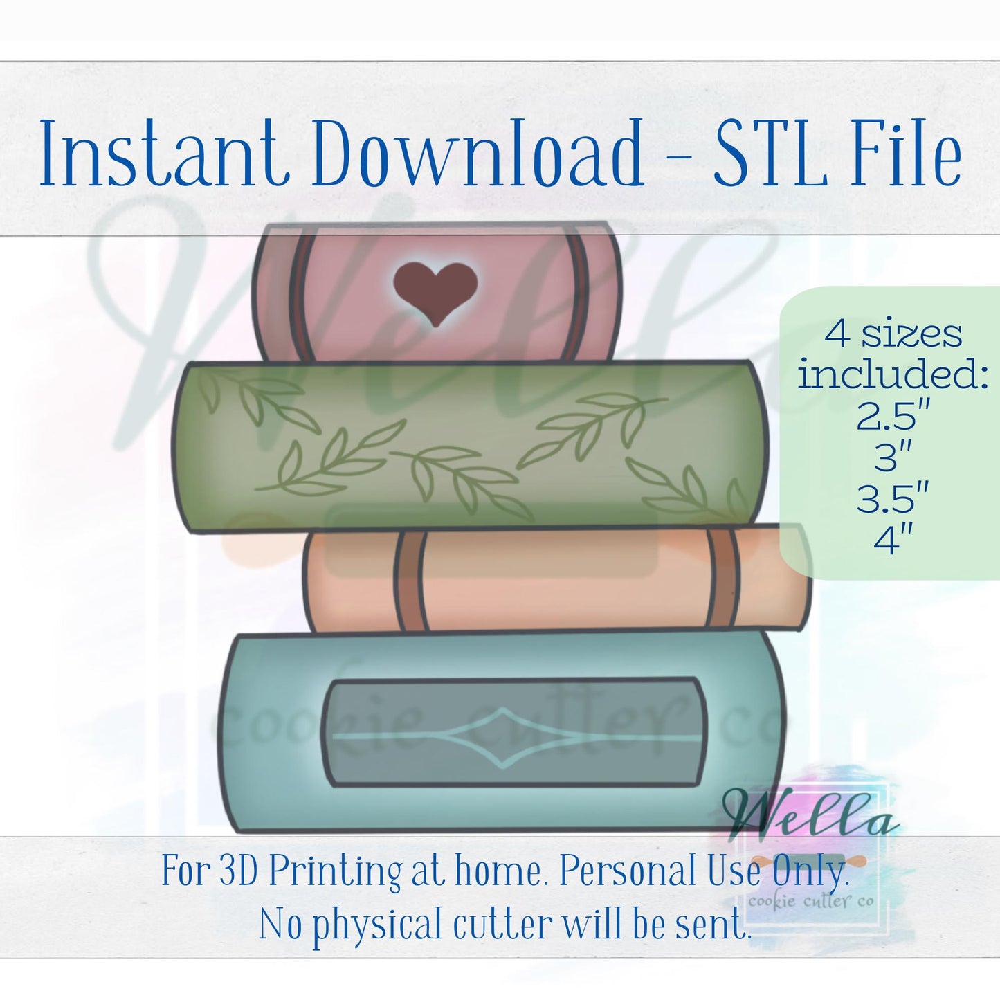 Digital STL File - Stack of Books Cookie Cutter - 4 Sizes: 2.5" 3" 3.5" & 4"