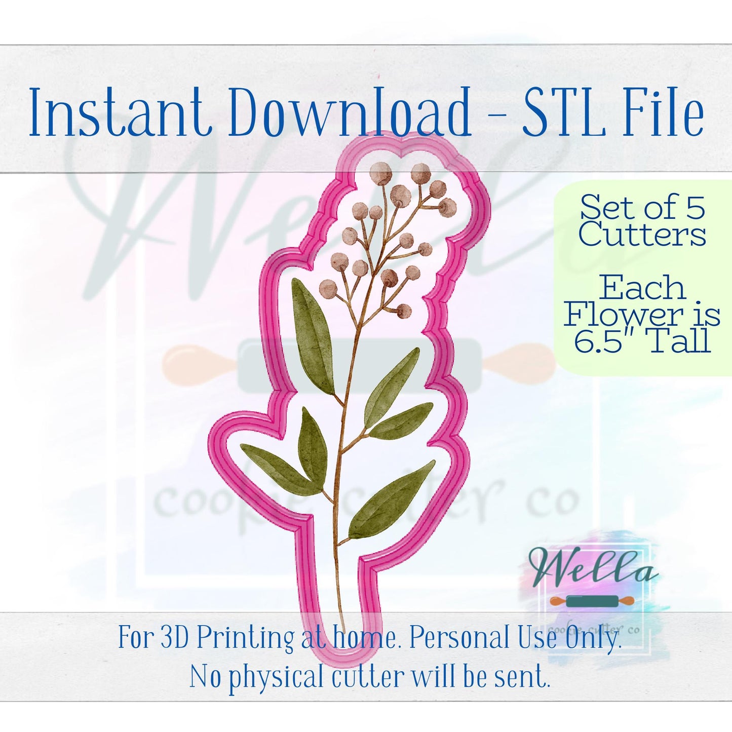 Digital STL File - Long Stem Flower Set - Set of 5 Cutters 6.5" Tall