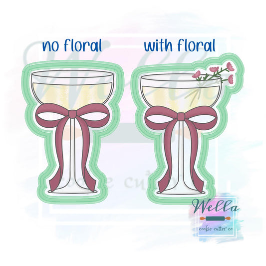 Wide Wine Glass with Bow Cookie Cutter with or without Floral - 2 Shape Options
