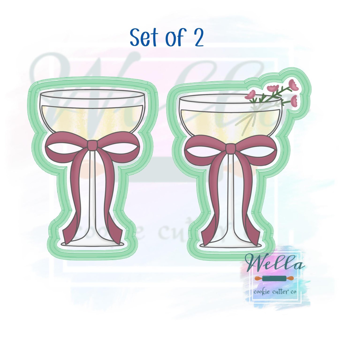 Wide Wine Glass with Bow Cookie Cutter with or without Floral - 2 Shape Options