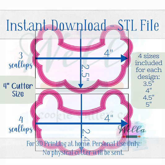 Digital STL File - Clothesline Set of 2 Cookie Cutters with 3 Scallops & 4 Scallops - 4 Sizes of each design: 3.5" 4" 4.5" and 5"