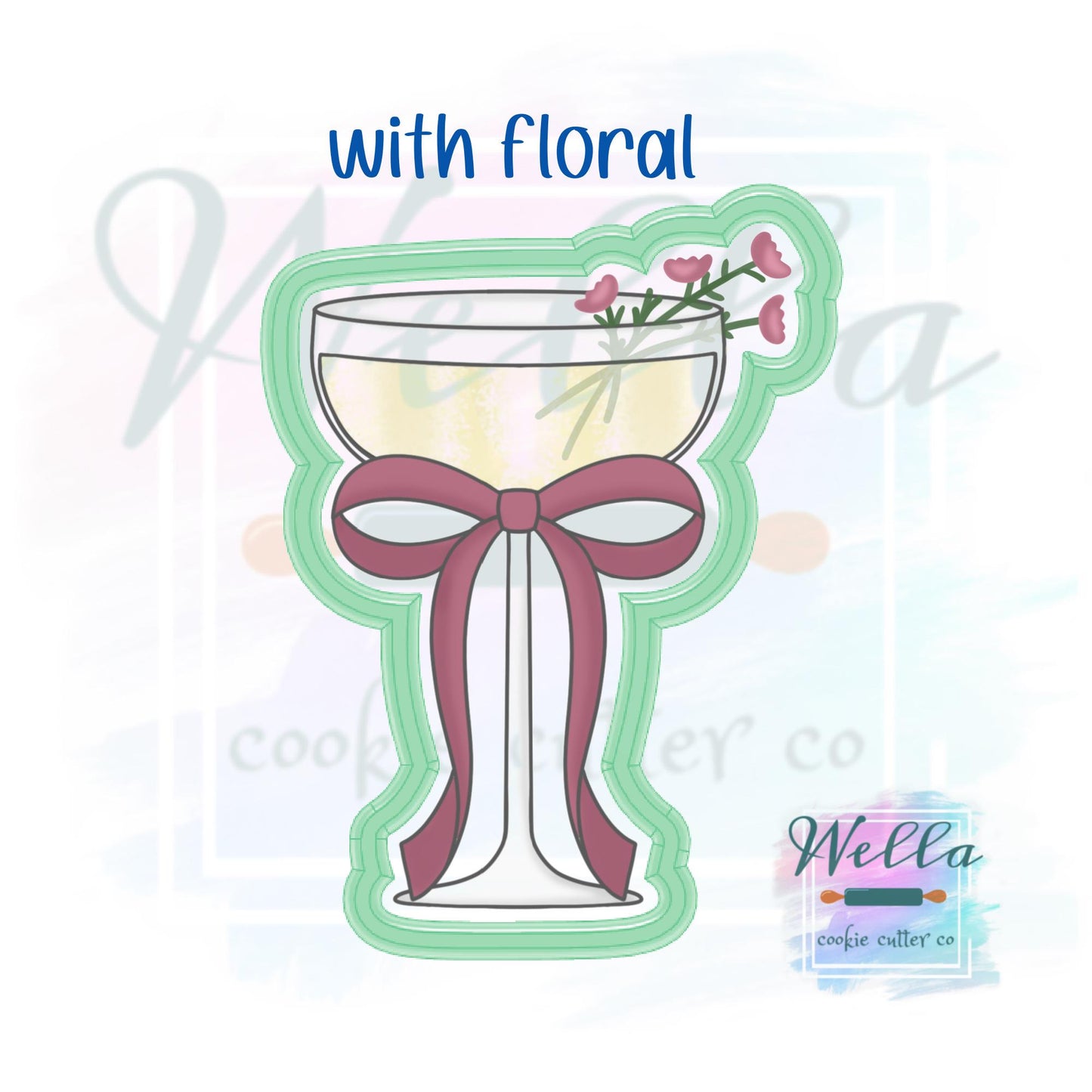 Wide Wine Glass with Bow Cookie Cutter with or without Floral - 2 Shape Options