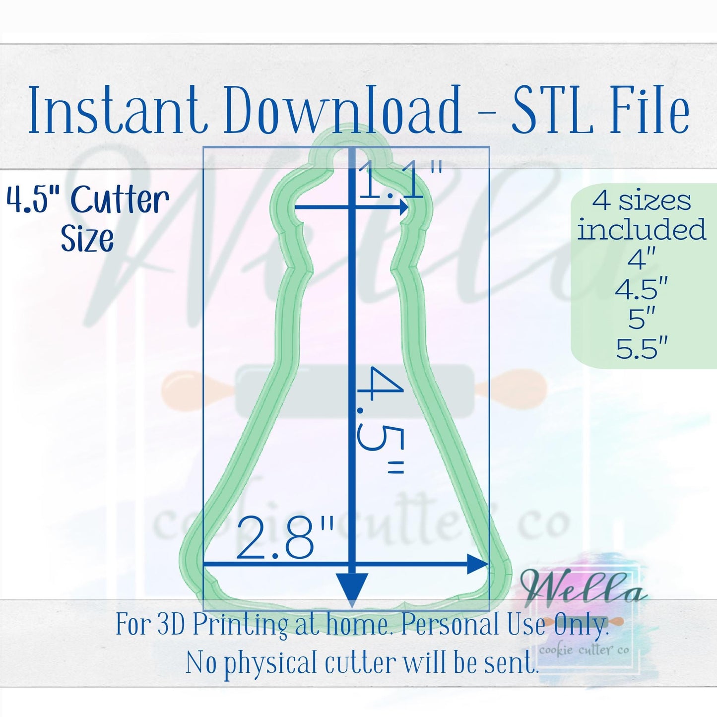 Digital STL File - Wedding Dress #2 Skinny Cookie Cutter - 4 Sizes: 4" 4.5" 5" & 5.5"