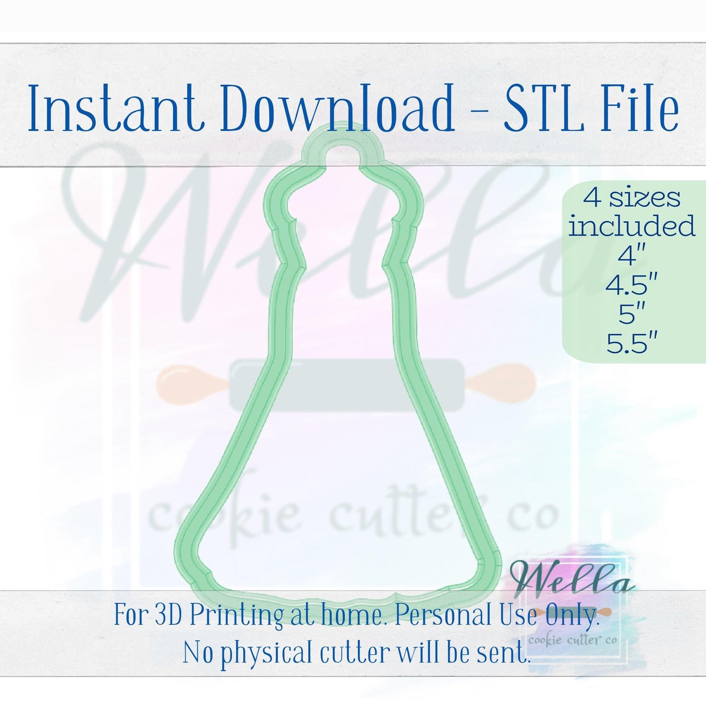 Digital STL File - Wedding Dress #2 Skinny Cookie Cutter - 4 Sizes: 4" 4.5" 5" & 5.5"