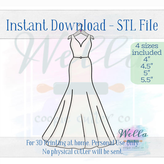 Digital STL File - Wedding Dress #2 Skinny Cookie Cutter - 4 Sizes: 4" 4.5" 5" & 5.5"